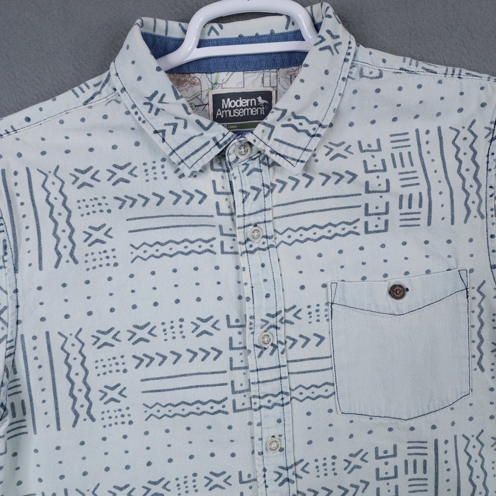 Modern Amusement Mens Blue White Aztec Tribal Print Short Sleeve Button Shirt
